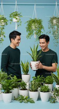 Two Men Enjoying Indoor Plants In Bright Room