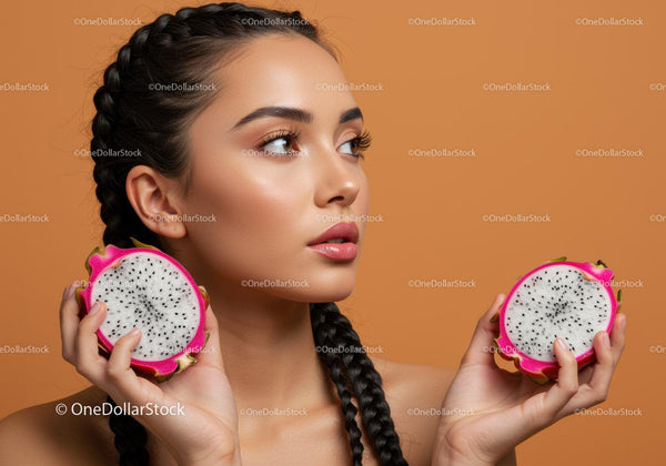 Beautiful Woman Holding Fresh Dragon Fruits with Bright Orange Background
