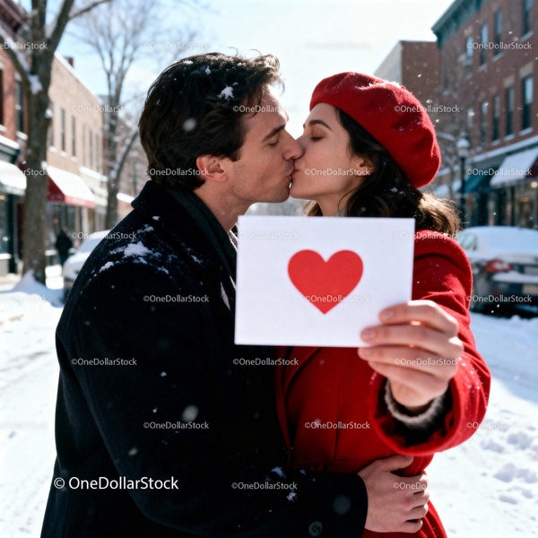 Couple Sharing a Winter Kiss Holding Heart Card