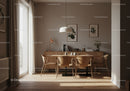 Modern dining room with natural wood furniture and decor