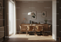 Modern dining room with natural wood furniture and decor