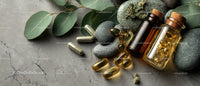 Herbal Supplements and Natural Medicine Bottles with Green Leaves and Rocks