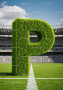 Giant Grass Letter P on Soccer Field Under Bright Sky