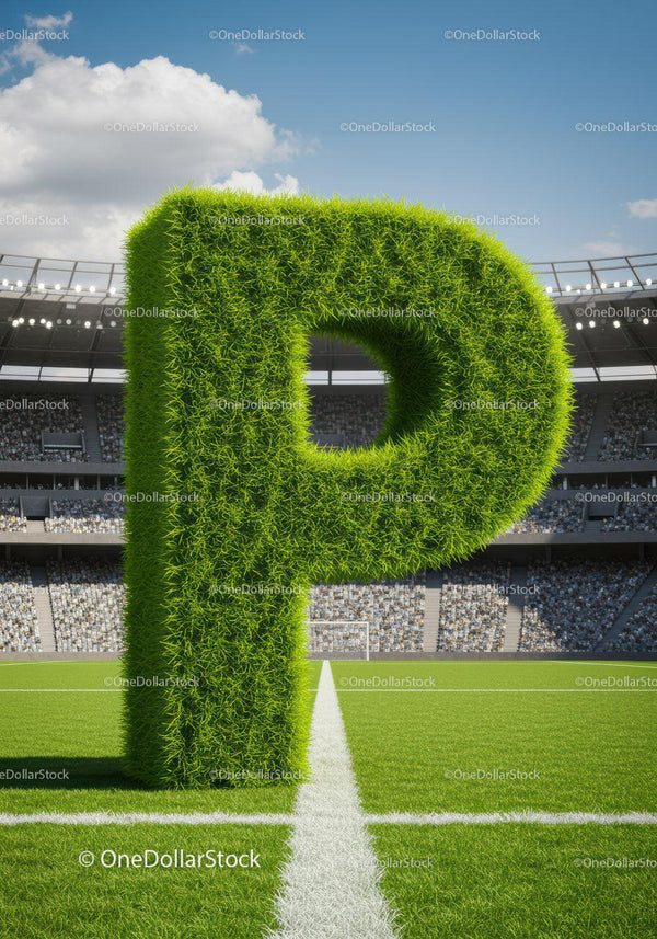 Giant Grass Letter P on Soccer Field Under Bright Sky
