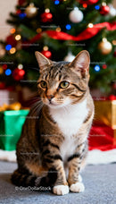 Tabby cat sitting near decorated Christmas tree indoors