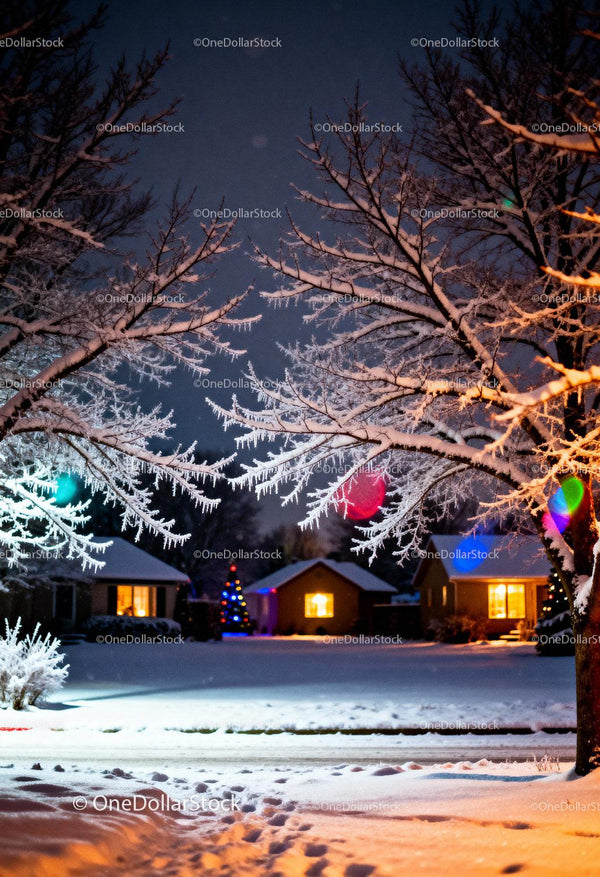 Snowy suburban street with illuminated holiday trees