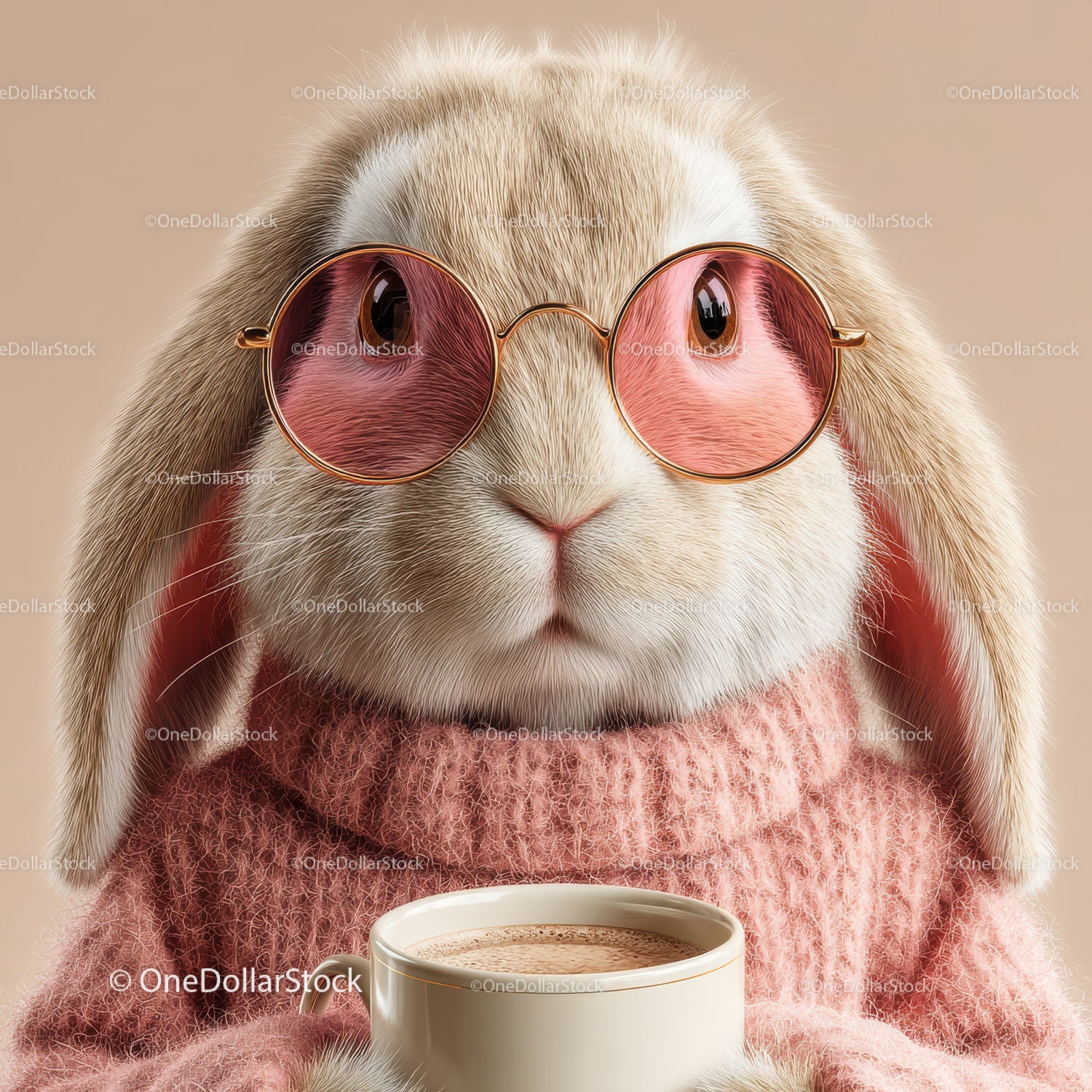 Cute Bunny Wearing Sunglasses and Cozy Pink Sweater Holding Coffee Mug