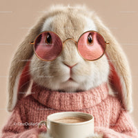 Cute Bunny Wearing Sunglasses and Cozy Pink Sweater Holding Coffee Mug
