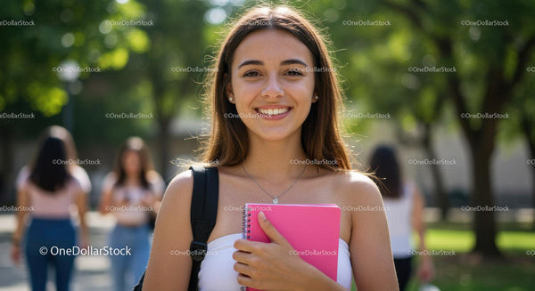 Young Woman with Pink Notebook Smiling in a Green Park