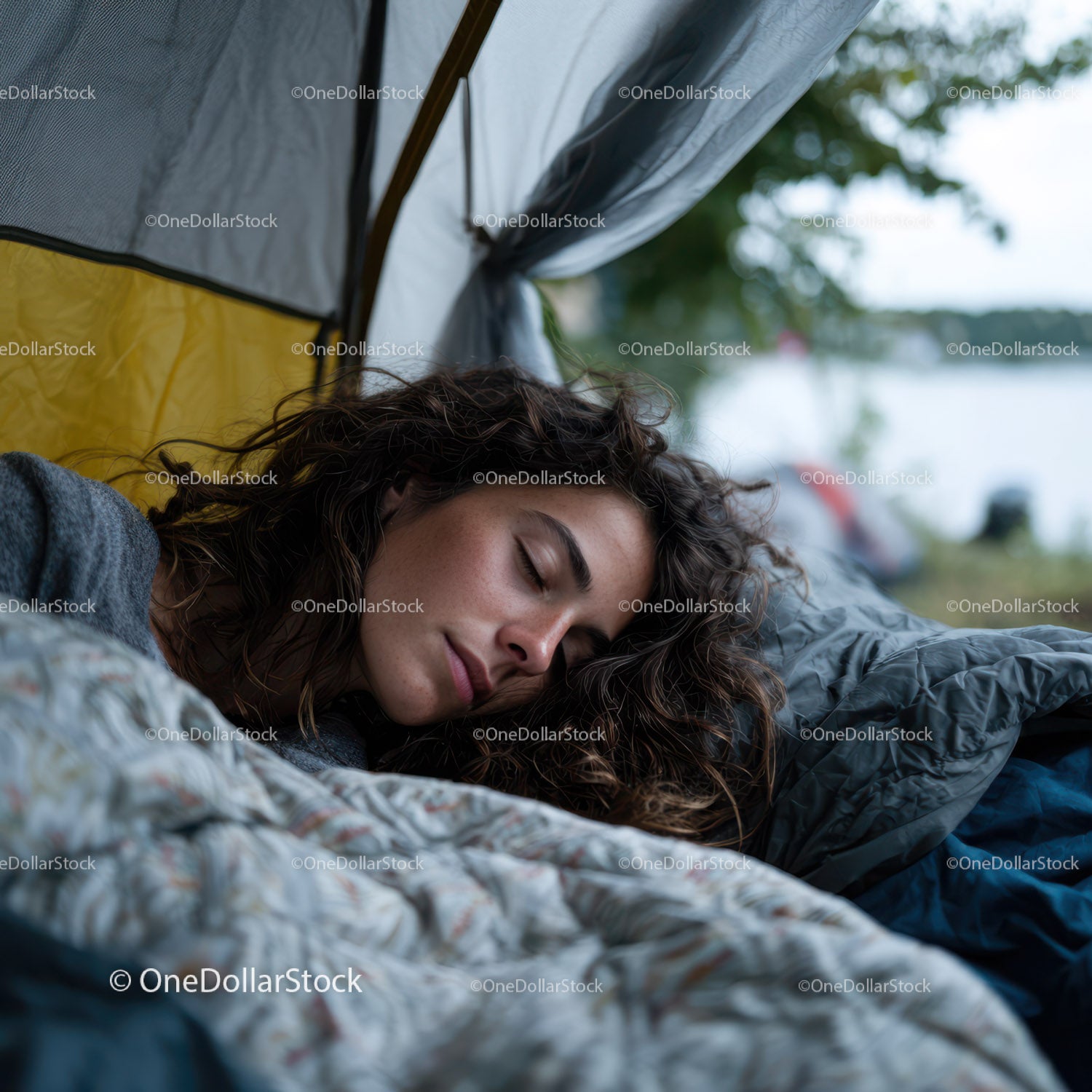 Serene Woman Sleeping in Tent by Lake Nature Vacation