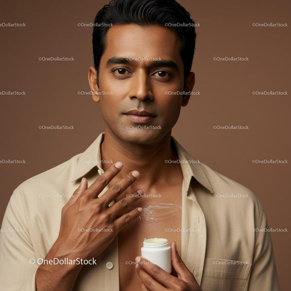 Man Applying Lotion To Chest With Confident Expression