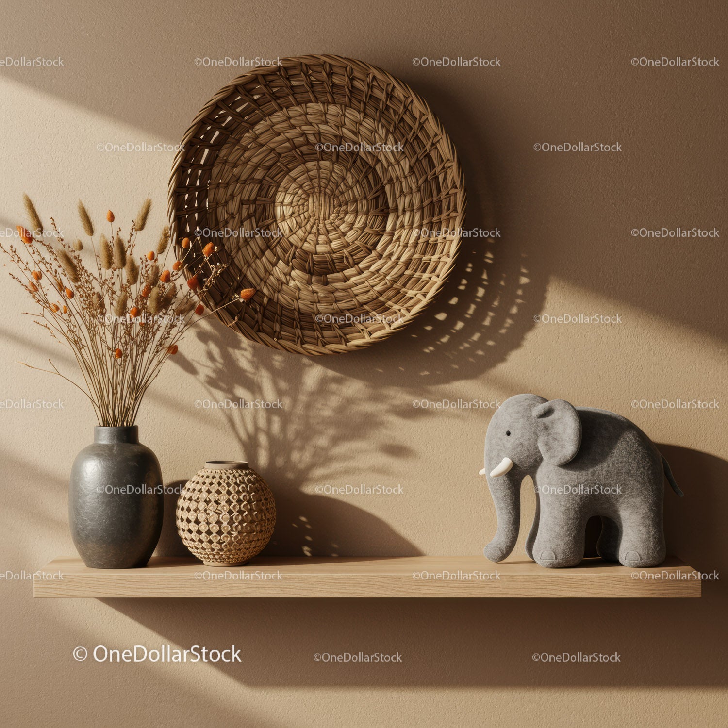 Minimalist shelf with dried flowers and elephant figure