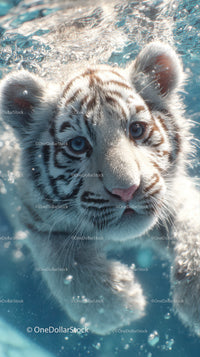 White tiger cub swimming underwater with piercing blue eyes
