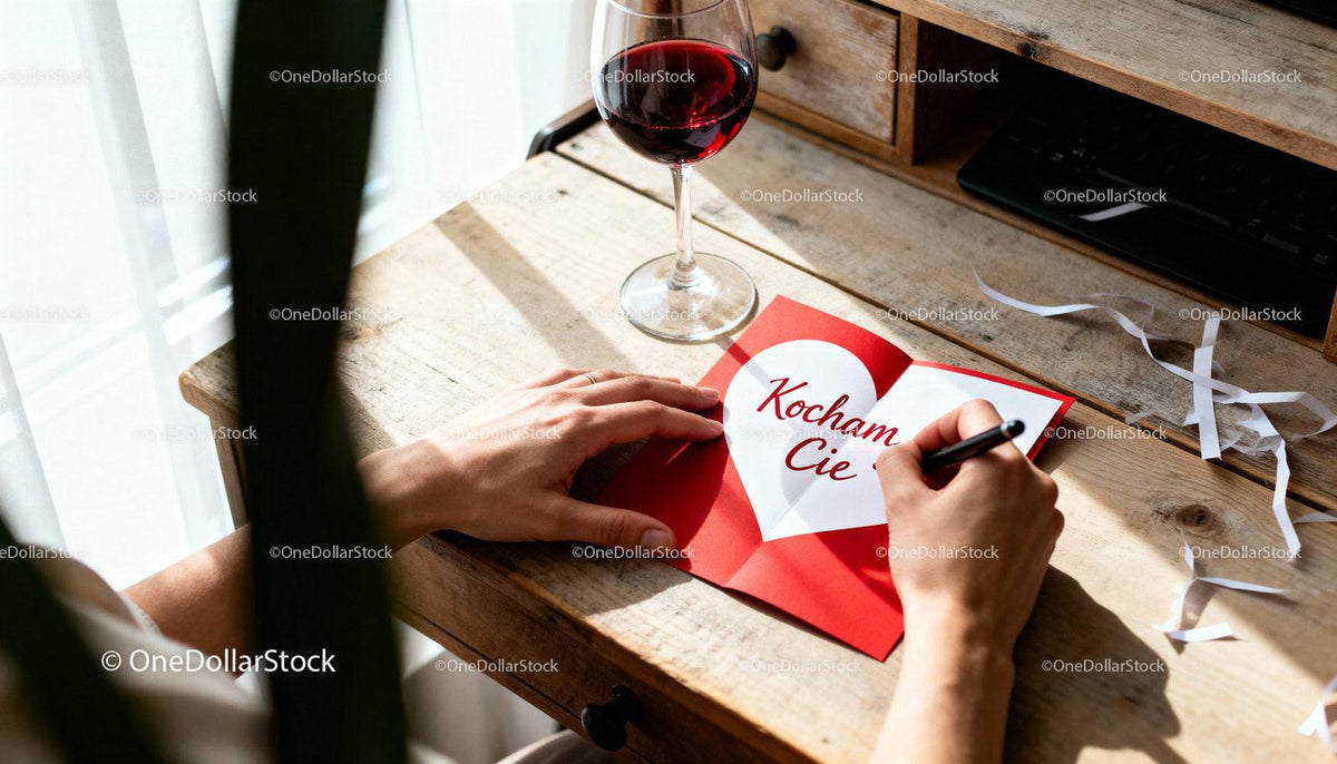 Handwriting a Romantic Valentine's Day Card with Wine Glass
