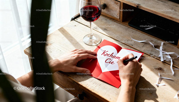 Handwriting a Romantic Valentine's Day Card with Wine Glass