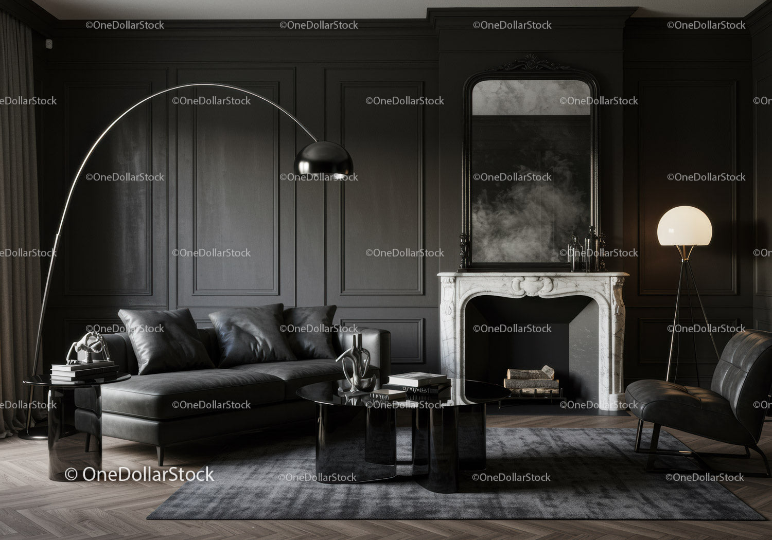 Modern living room with dark sofa and marble fireplace