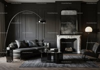 Modern living room with dark sofa and marble fireplace