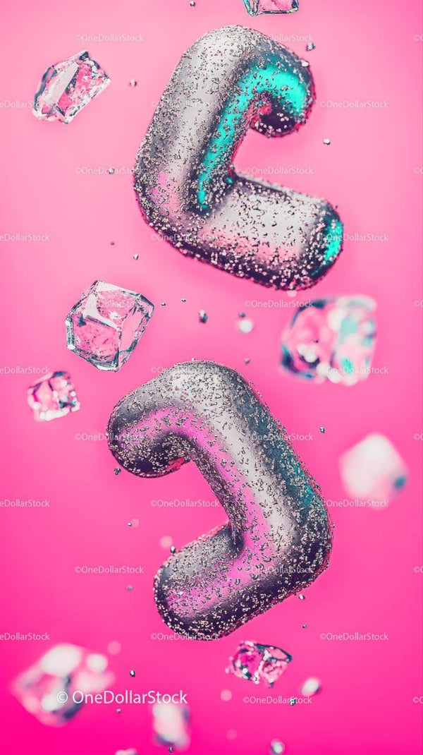 Glittery Silver Numbers Two and Three with Ice Cubes on Pink Background