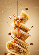 Delicious stack of pancakes with syrup and hazelnuts
