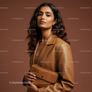 Brown Leather Jacket with Beige Clutch Woman Portrait