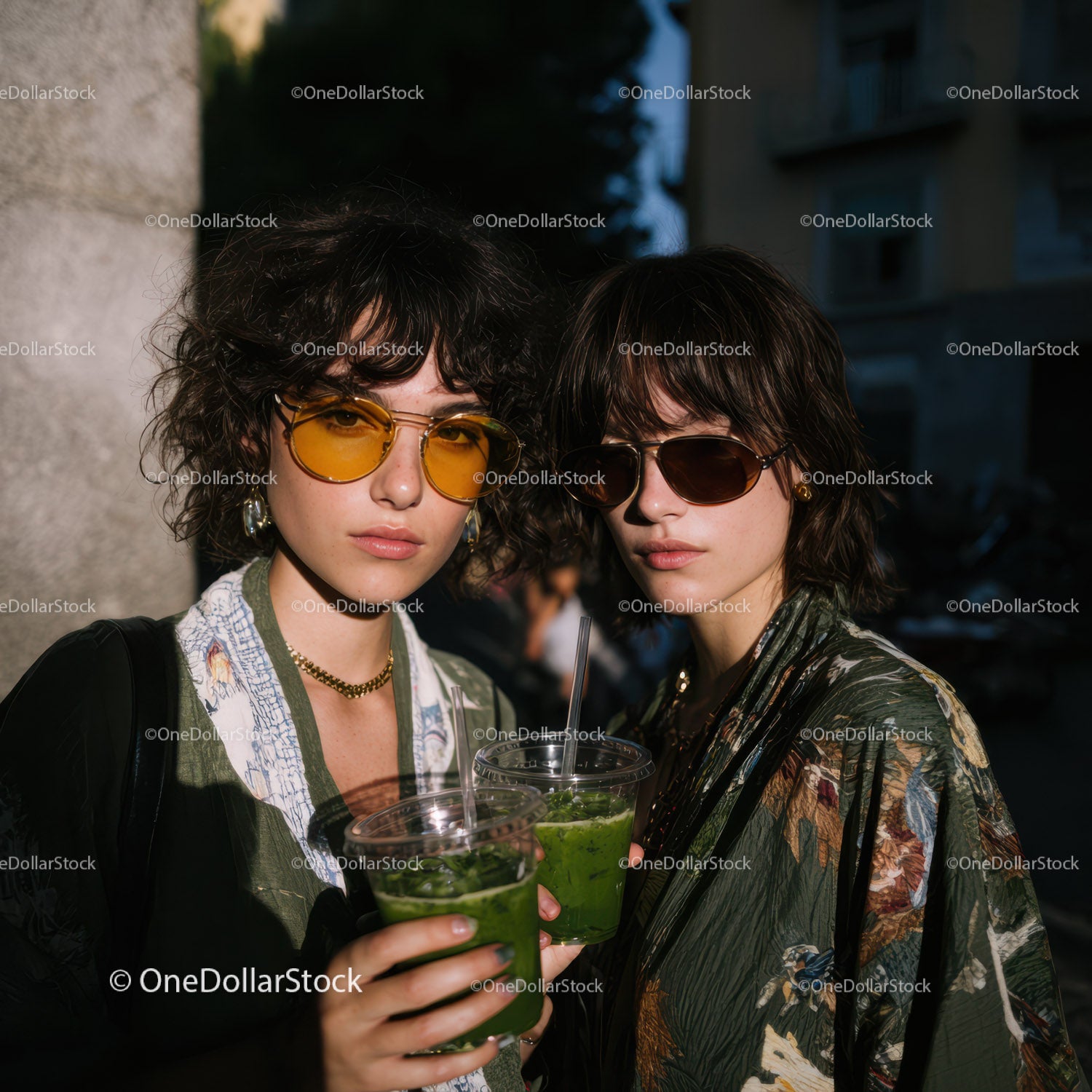 Fashionable Women with Green Cocktails in Urban Night Scene