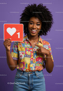 Happy Young Woman Holding Heart Notification Sign Wearing Colorful Outfit