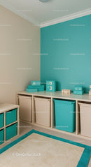 Stylish Children's Playroom with Blue and White Storage Bins