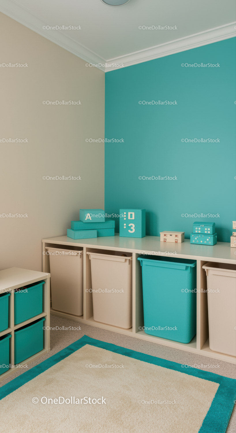 Stylish Children's Playroom with Blue and White Storage Bins