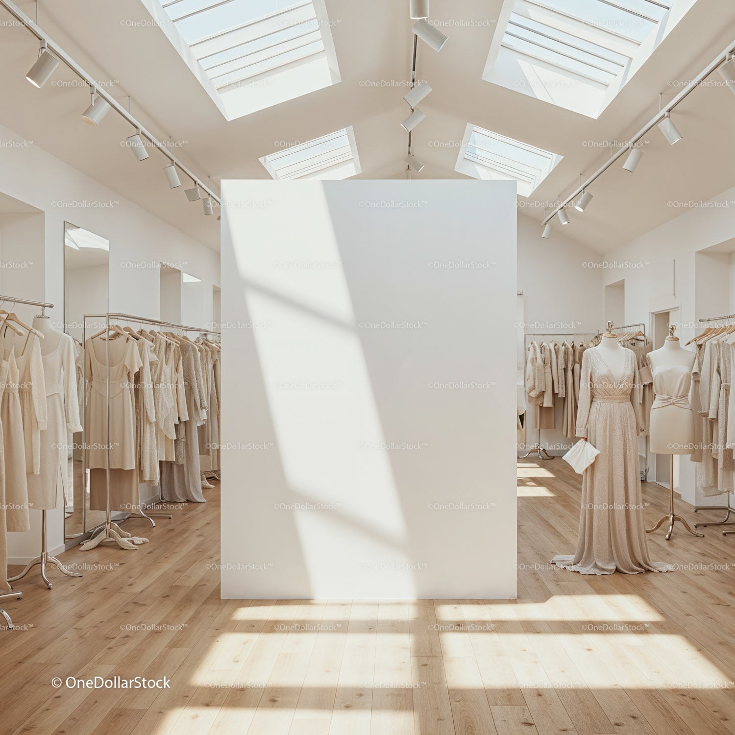 Minimalistyczny butik ślubny z delikatnym, naturalnym światłem