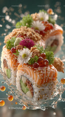 Fresh Salmon Sushi Roll with Avocado and Cherry Tomatoes