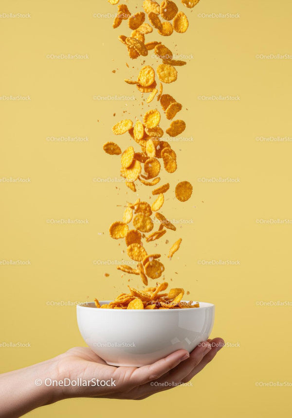 Hand Holding Bowl with Falling Cornflakes On Yellow Background