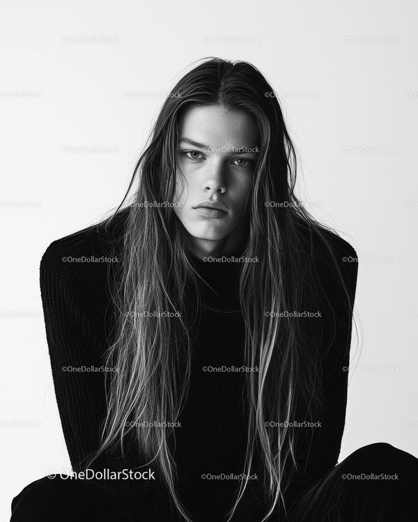 Moody Black and White Portrait of Young Woman with Long Hair