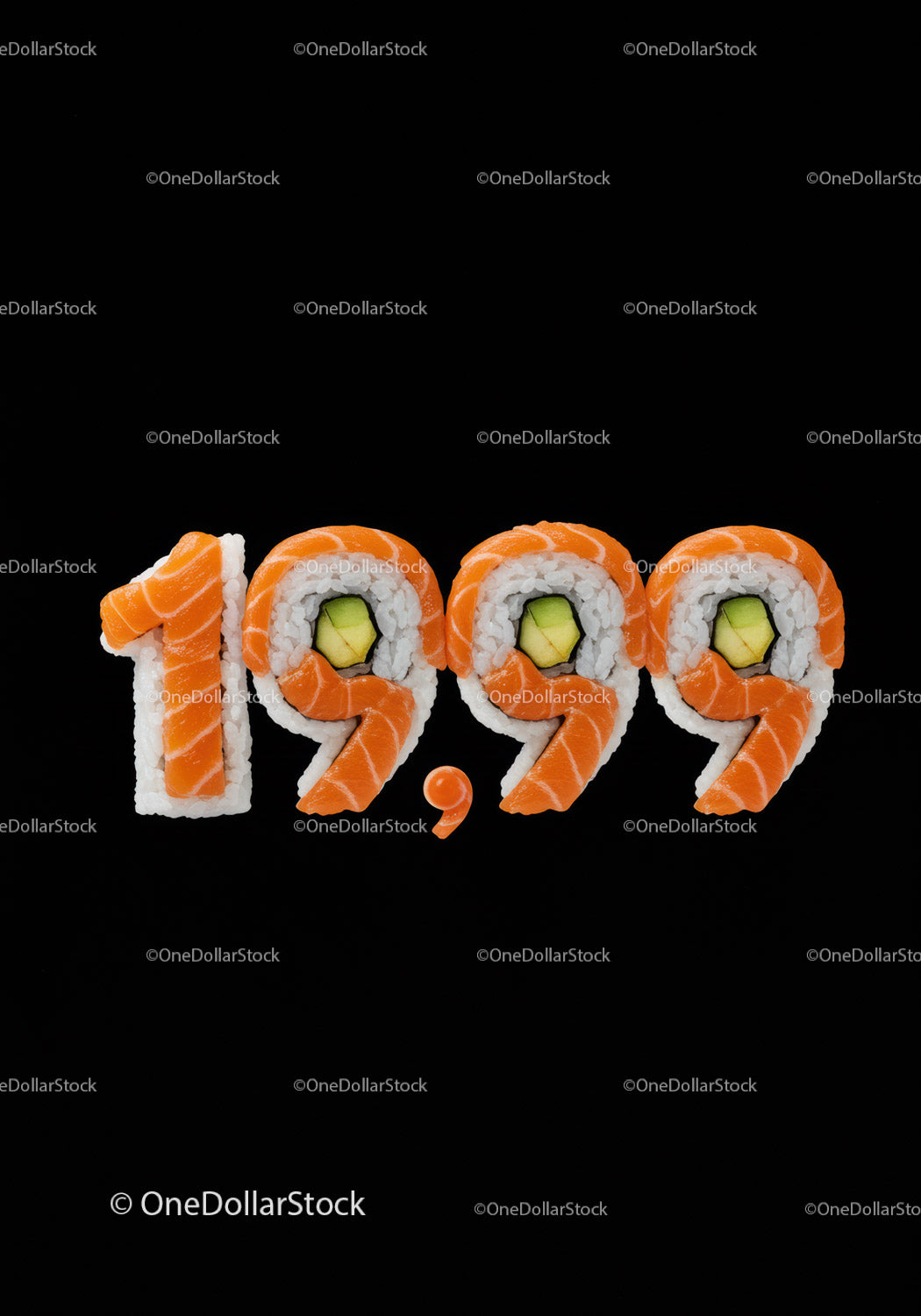Rolki sushi z numerem 1999 na czarnym tle