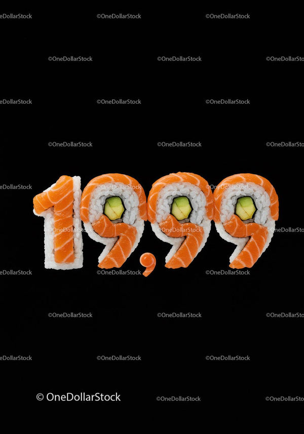 Rolki sushi tworzące liczbę 19,99 na czarnym tle