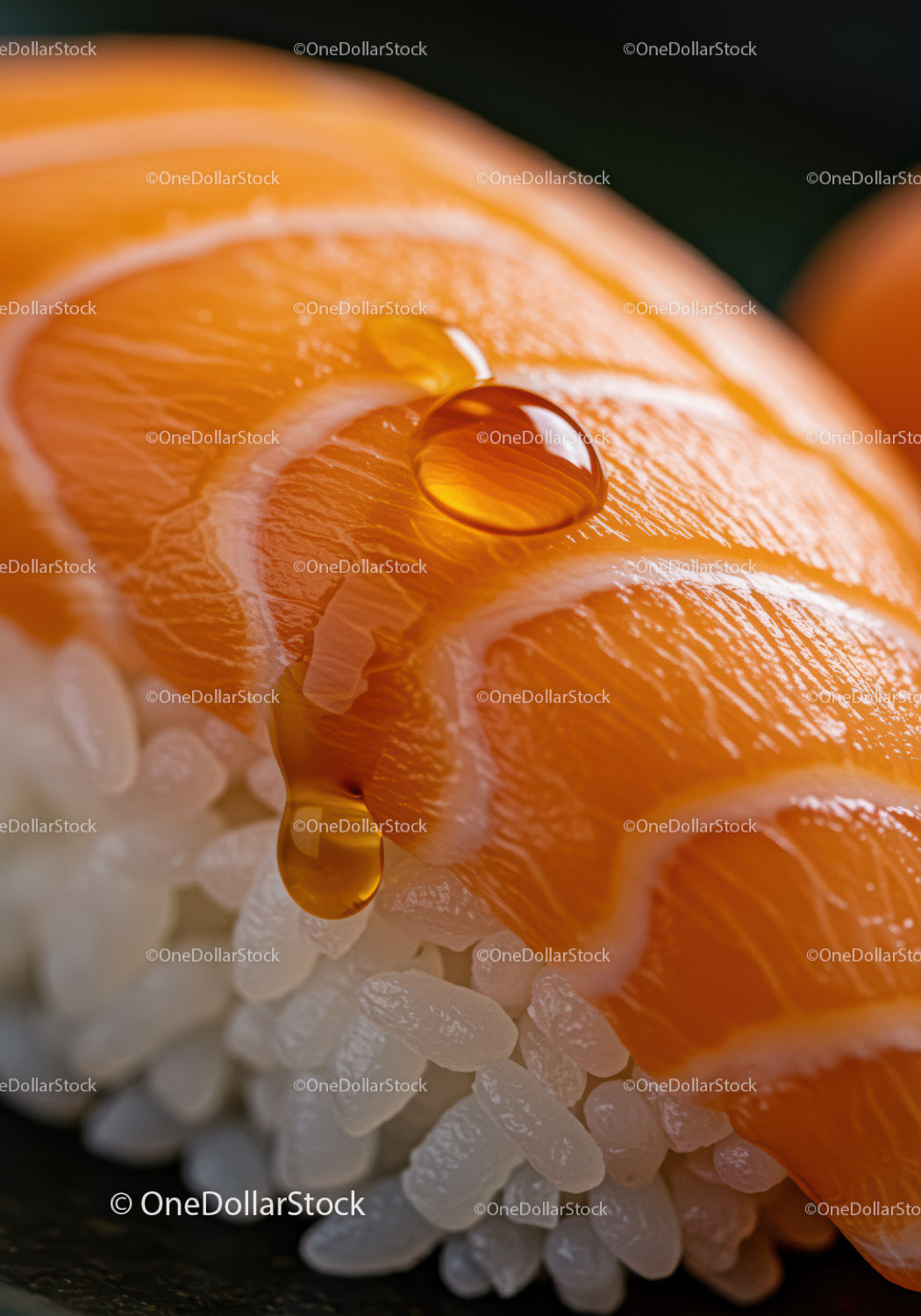 Close up of fresh salmon nigiri sushi with soy sauce