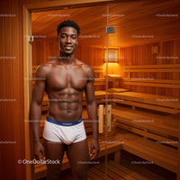 Young Man Relaxing in Wooden Sauna Studio Wellness Space