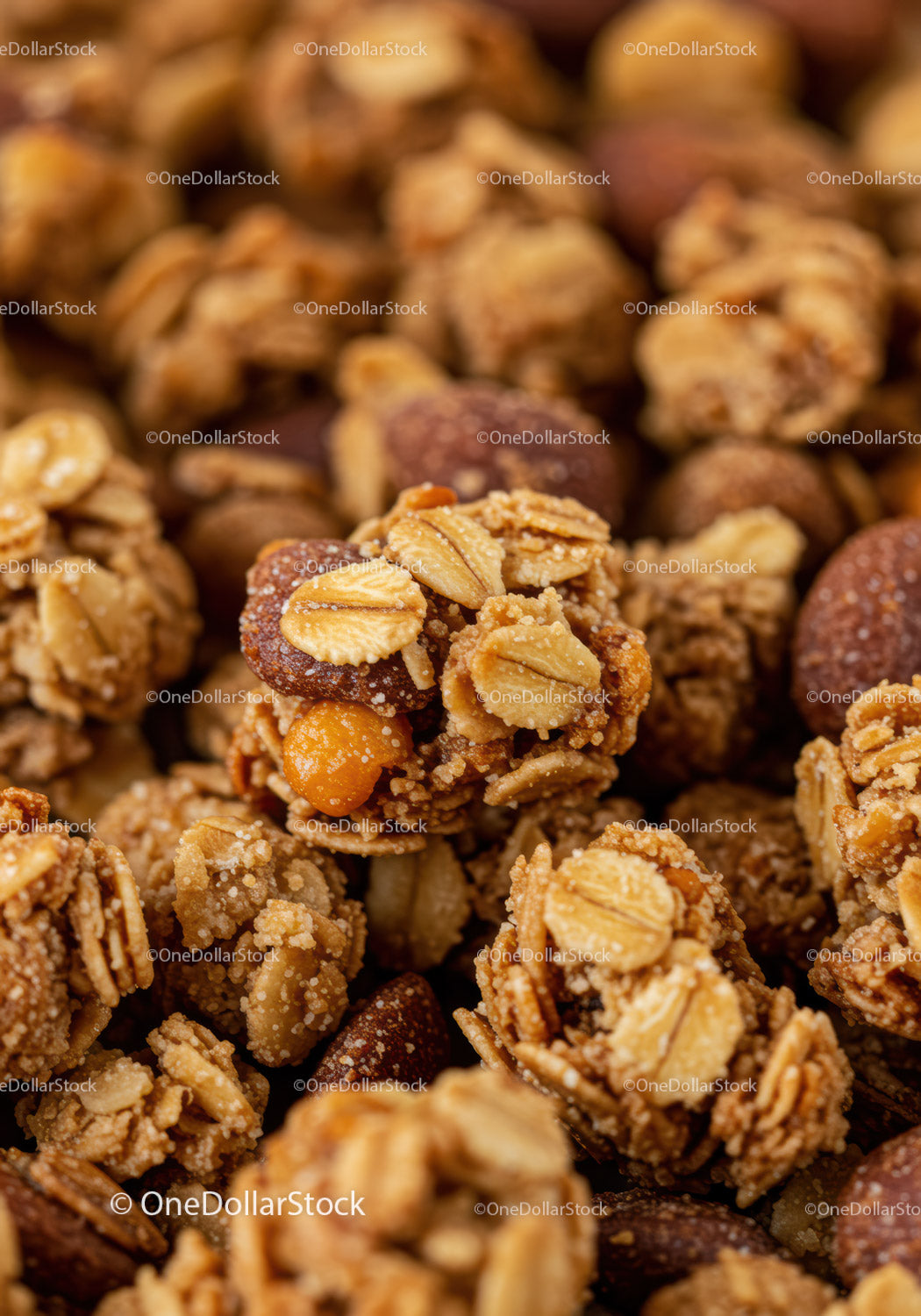 Close-up of crunchy granola clusters with oats and nuts