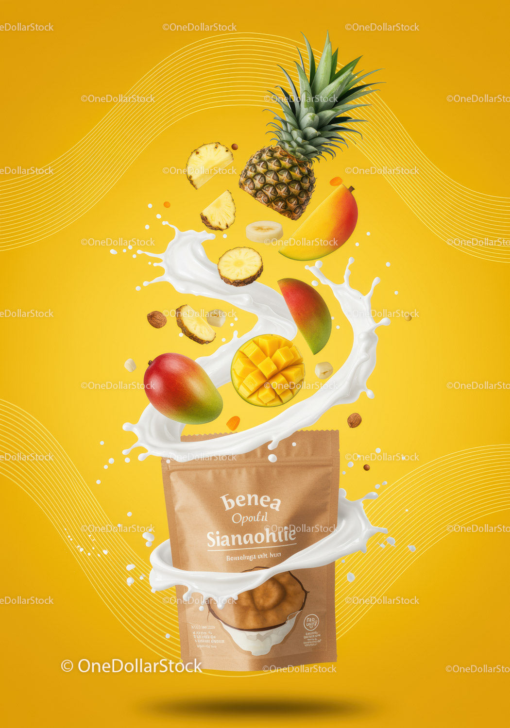 Tropical smoothie ingredients with creamy yogurt splash