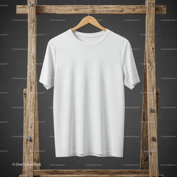 Plain white t shirt hanging on rustic wooden rack JPG Mockup Image
