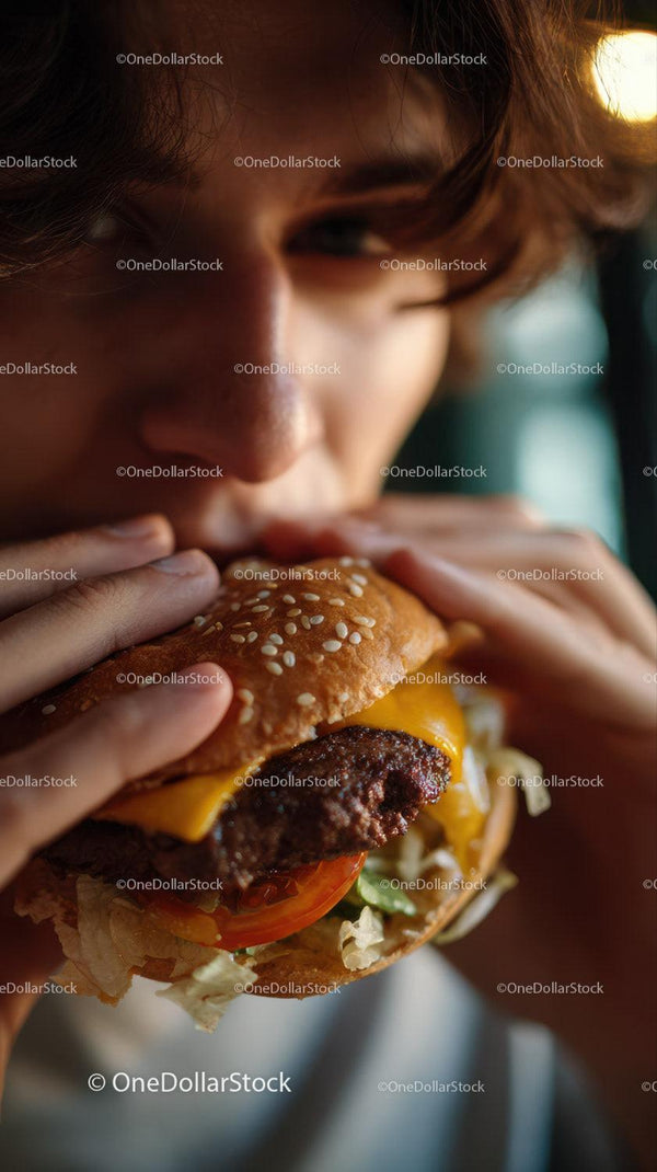 Close-up of a man enjoying a juicy cheeseburger outdoors