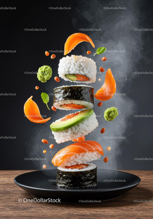 Floating sushi rolls with fresh salmon and avocado