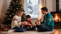 Family exchanging gifts by Christmas tree near fireplace