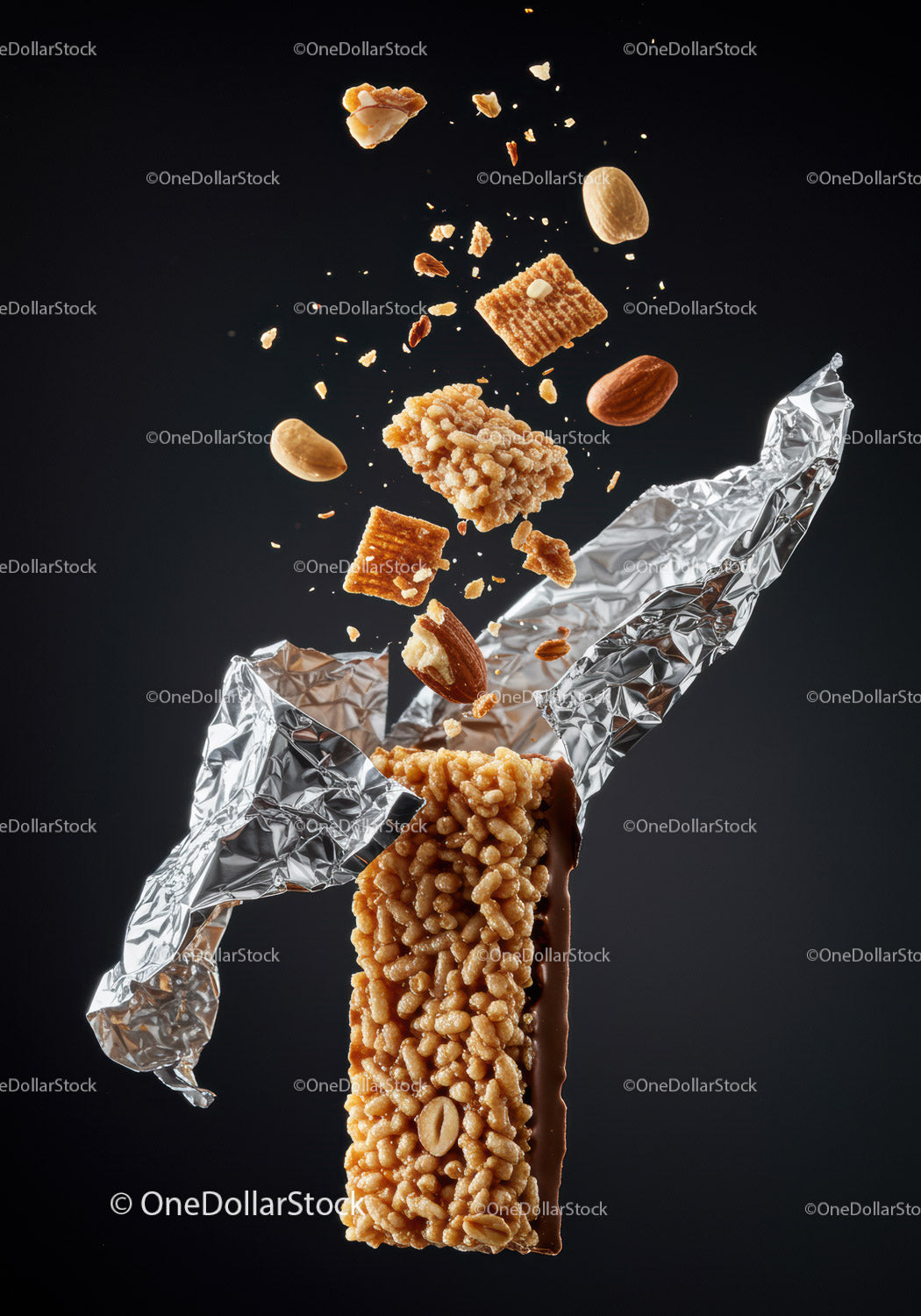 Crispy granola bar with nuts bursting out of wrapper