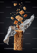 Crispy granola bar with nuts bursting out of wrapper