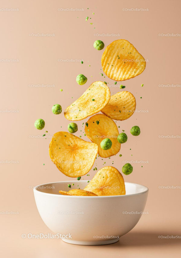 Crispy Potato Chips and Green Peas Falling Into Bowl