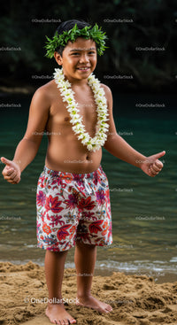Smiling Boy in Floral Shorts and Leis at Tropical Beach