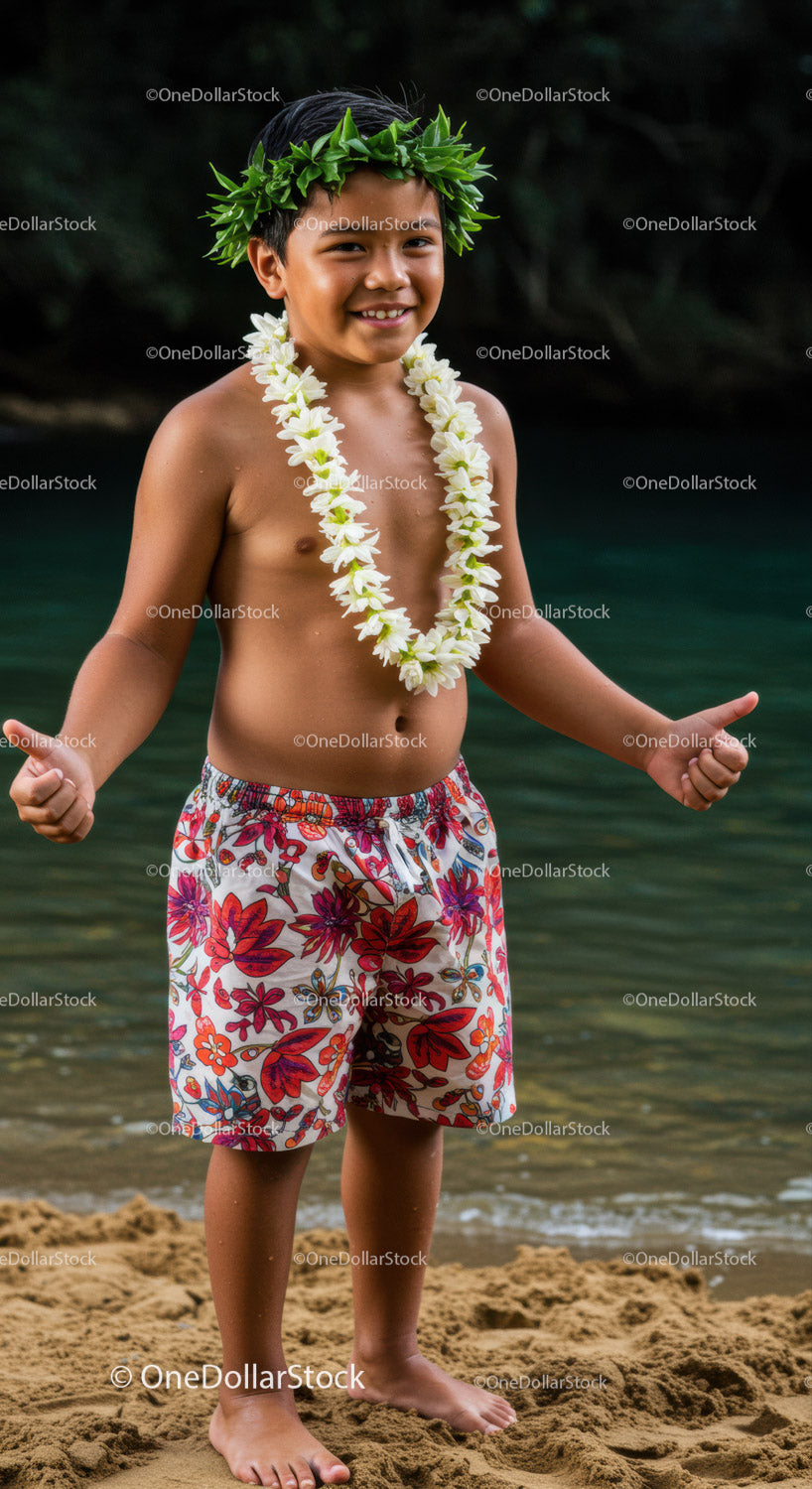 Smiling Boy in Floral Shorts and Leis at Tropical Beach