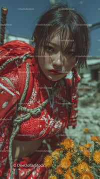 Vibrant Woman in Red Floral Kimono Outdoors with Autumn Flowers