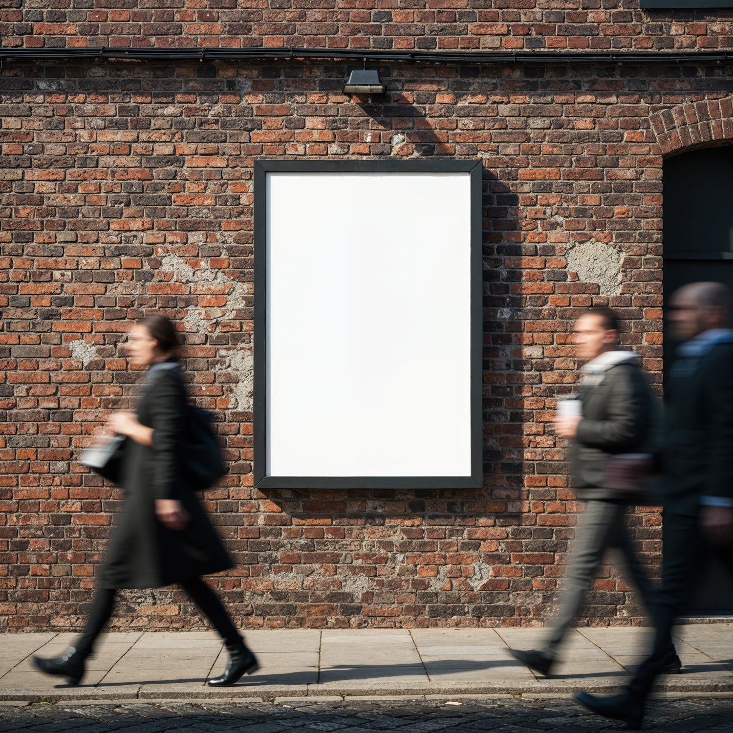Blank Urban Billboard on Brick Wall with Passing Pedestrians