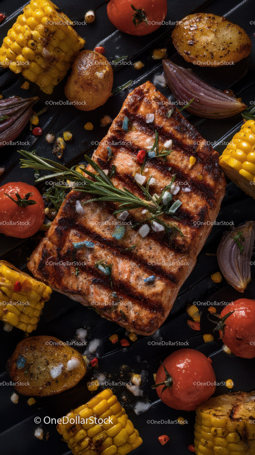 Grillowany łosoś z pieczoną kukurydzą, pomidorkami koktajlowymi i ziołami